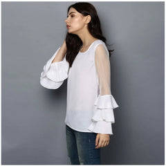 Mayawye Women's Polyester Solid Tier Sleeve Top (White)