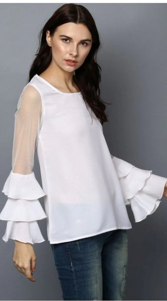 Mayawye Women's Polyester Solid Tier Sleeve Top (White)