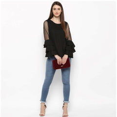 Mayawye Women's Polyester Solid Tier Sleeve Top (Black)