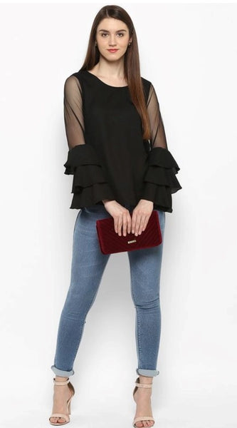 Mayawye Women's Polyester Solid Tier Sleeve Top (Black)