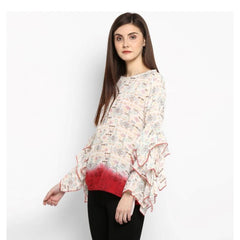 Mayawye Women's Rayon Crepe Printed Ruffle Sleeve Top (Off White - Red)