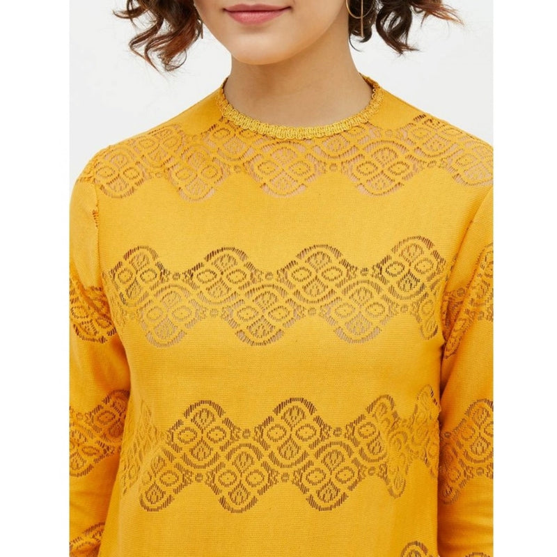 Mayawye Women's Cotton Lace Inserts Long Sleeves Top (Yellow)