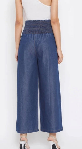 Mayawye Women's Denim Solid Smocked Trousers (Navy Blue)