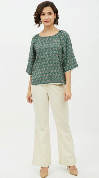 Mayawye Women's Polyester Printed 3-4th Sleeves Top (Green)