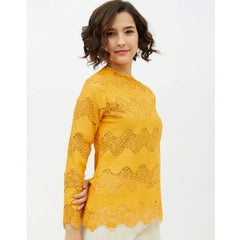 Mayawye Women's Cotton Lace Inserts Long Sleeves Top (Yellow)