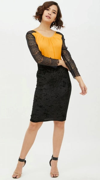 Mayawye Women's Rayon Lace Inserts Long Sleeves Top (Yellow)