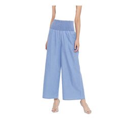 Mayawye Women's Denim Solid Smocked Trousers (Blue)