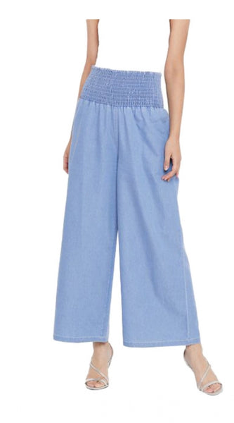 Mayawye Women's Denim Solid Smocked Trousers (Blue)