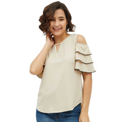 Mayawye Women's Polyester Tiered Cold Shoulder Top (Beige)