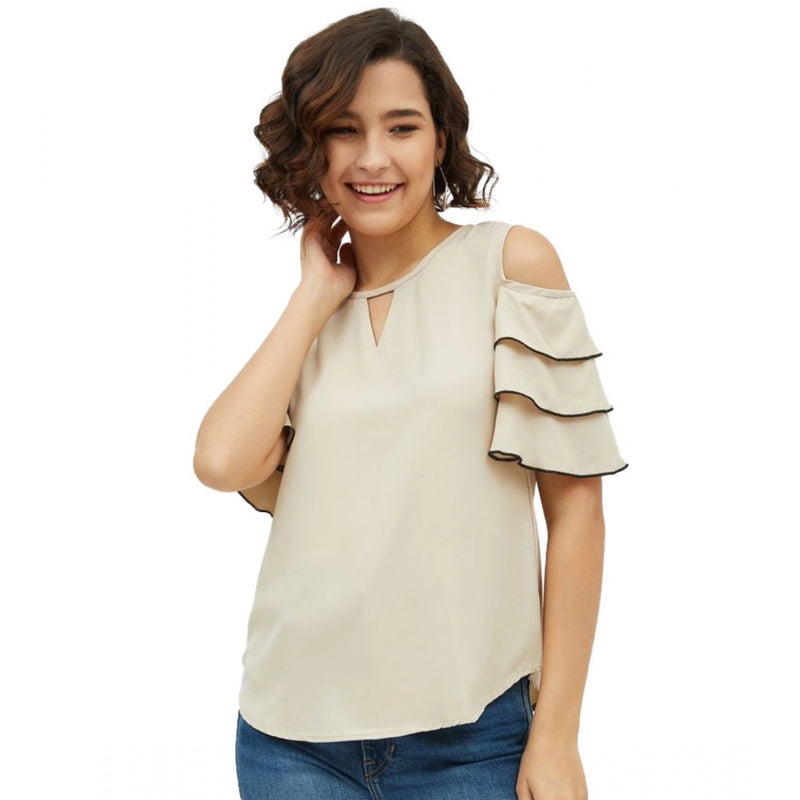 Mayawye Women's Polyester Tiered Cold Shoulder Top (Beige)