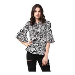 Mayawye Women's Polyester Animal Print Bell Sleeve Top (Black - White)