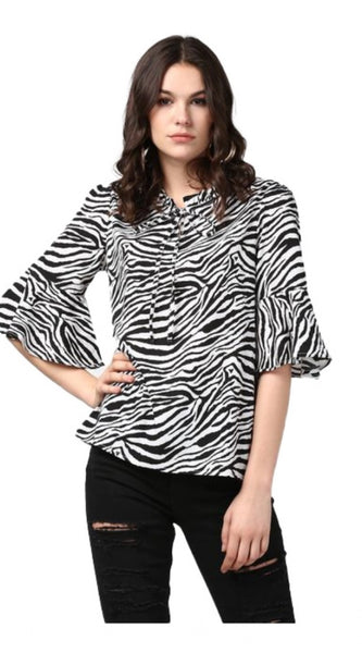 Mayawye Women's Polyester Animal Print Bell Sleeve Top (Black - White)