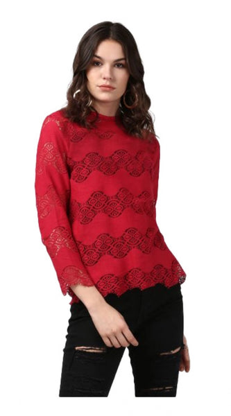 Mayawye Women's Cotton Self Design Long Sleeves Top (Maroon)
