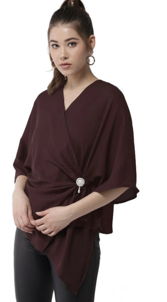 Mayawye Women's Polyester Solid Cape Sleeve Top (Maroon)
