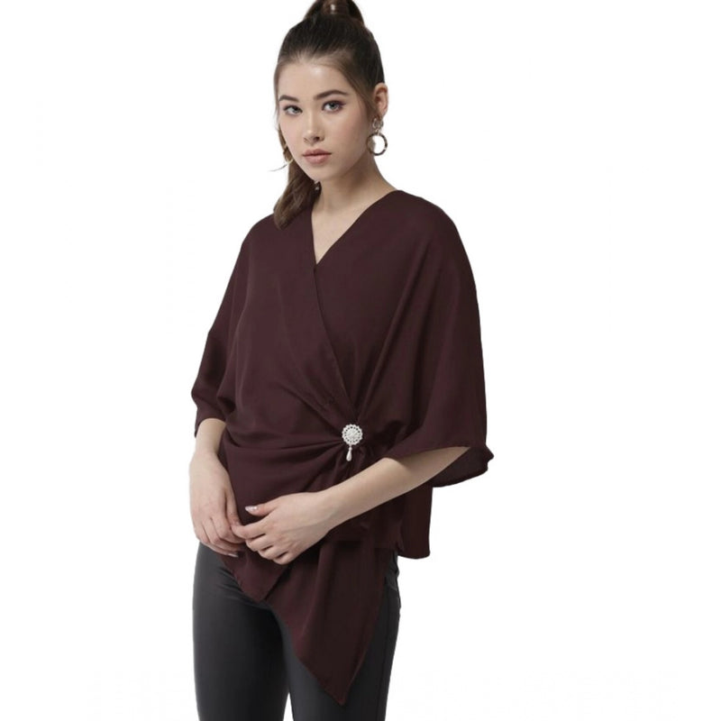 Mayawye Women's Polyester Solid Cape Sleeve Top (Maroon)
