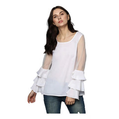 Mayawye Women's Polyester Solid Tier Sleeve Top (White)