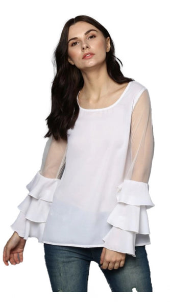 Mayawye Women's Polyester Solid Tier Sleeve Top (White)
