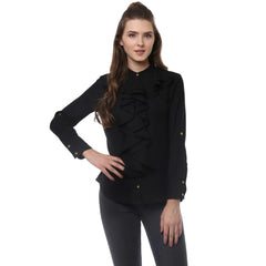 Mayawye Women's Polyester Ruffled Long Sleeves Top (Black)