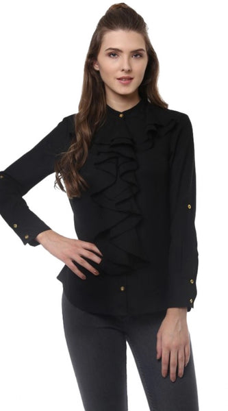 Mayawye Women's Polyester Ruffled Long Sleeves Top (Black)