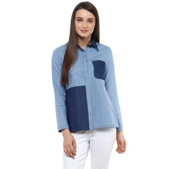 Mayawye Women's Denim Patch Work Long Sleeves Regular Top (Blue)