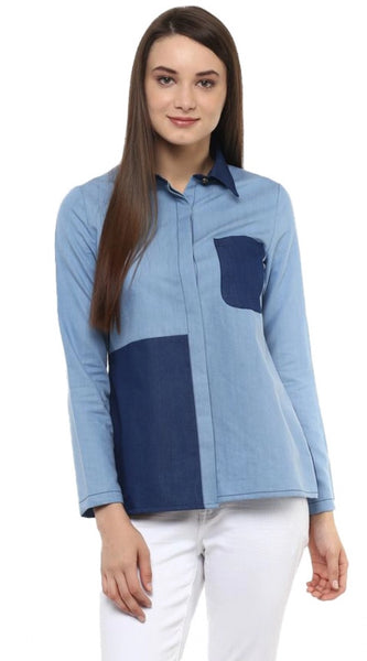Mayawye Women's Denim Patch Work Long Sleeves Regular Top (Blue)