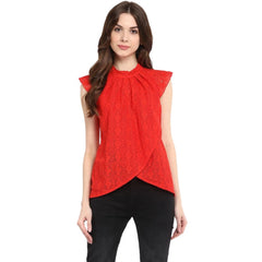 Mayawye Women's Cotton Lace Embellished Cap Sleeve Regular Top (Red)