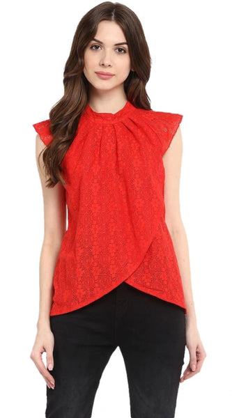 Mayawye Women's Cotton Lace Embellished Cap Sleeve Regular Top (Red)