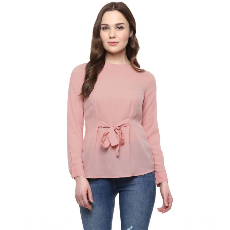 Mayawye Women's Polyester Solid Long Sleeves Regular Top (Pink)