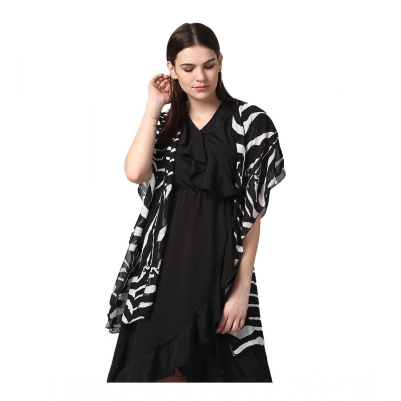 Mayawye Women's Polyester Printed Short Sleeve Shrug (Black)