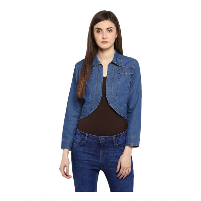 Mayawye Women's Denim Solid 3-4th Sleeves Shrug (Blue)