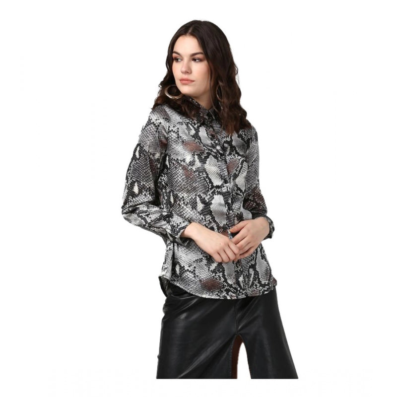 Mayawye Women's Satin Animal Print Long Sleeves Standard Length Shirt (Black - Grey)