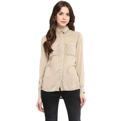 Mayawye Women's Rayon Solid Long Sleeves Standard Length Shirt (Beige)