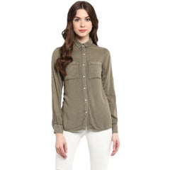 Mayawye Women's Rayon Solid Long Sleeves Standard Length Shirt (Olive Green)