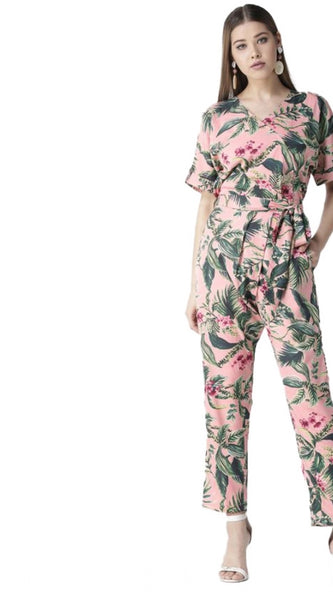 Mayawye Women's Polyester Floral Half Sleeve Jumpsuit (Pink)
