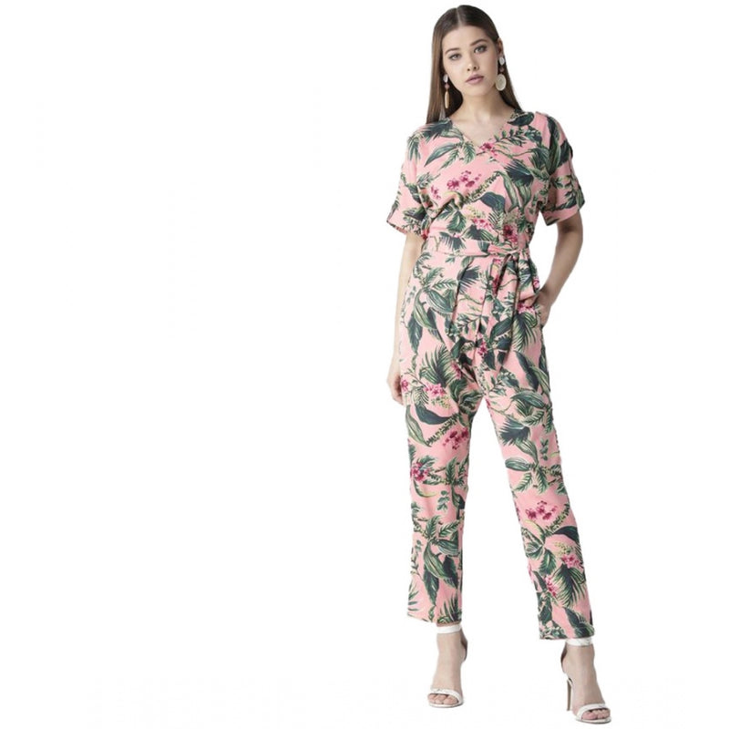 Mayawye Women's Polyester Floral Half Sleeve Jumpsuit (Pink)