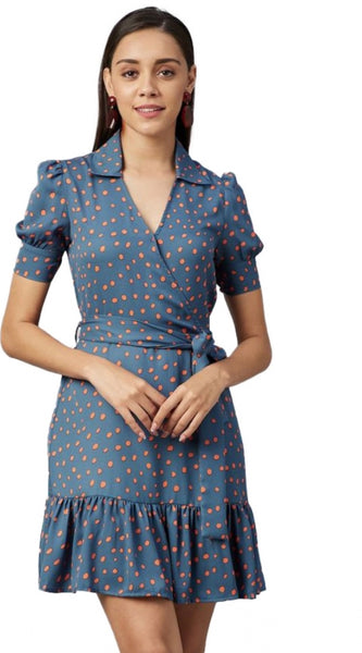 Mayawye Women's Polyester Polka Short Sleeve Above Knee Dress (Grey - Coral)
