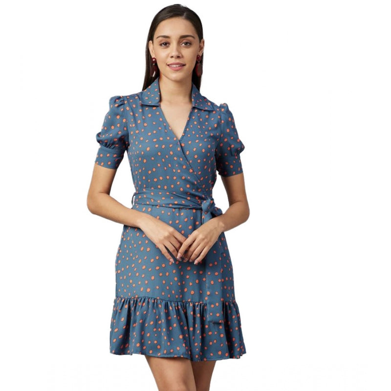 Mayawye Women's Polyester Polka Short Sleeve Above Knee Dress (Grey - Coral)
