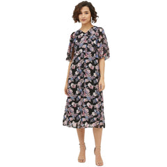 Mayawye Women's Polyester Chain Print Cap Sleeve Calf-length Dress (Multicolor)