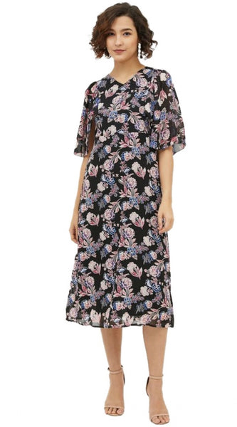 Mayawye Women's Polyester Chain Print Cap Sleeve Calf-length Dress (Multicolor)