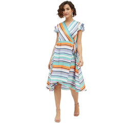 Mayawye Women's Satin Striped Short Sleeve Knee-Length Dress (Multicolor)