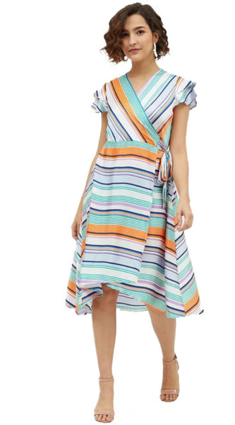 Mayawye Women's Satin Striped Short Sleeve Knee-Length Dress (Multicolor)