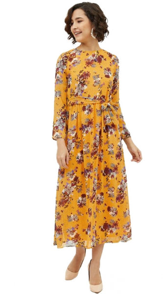 Mayawye Women's Polyester Floral Long Sleeves Calf-length Dress (Multicolor)