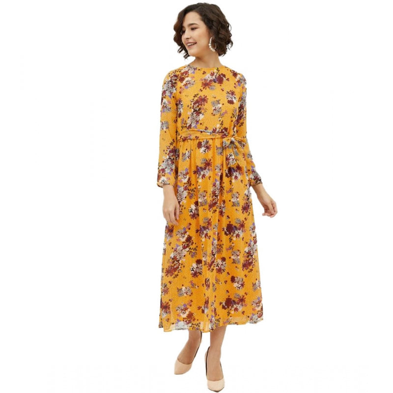 Mayawye Women's Polyester Floral Long Sleeves Calf-length Dress (Multicolor)