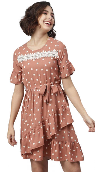 Mayawye Women's Polyester Polka Bell Sleeve Above Knee Dress (Brown)