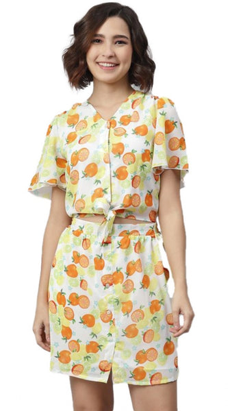 Mayawye Women's Polyester Printed Flutter Above Knee Dress (Orange - Yellow)