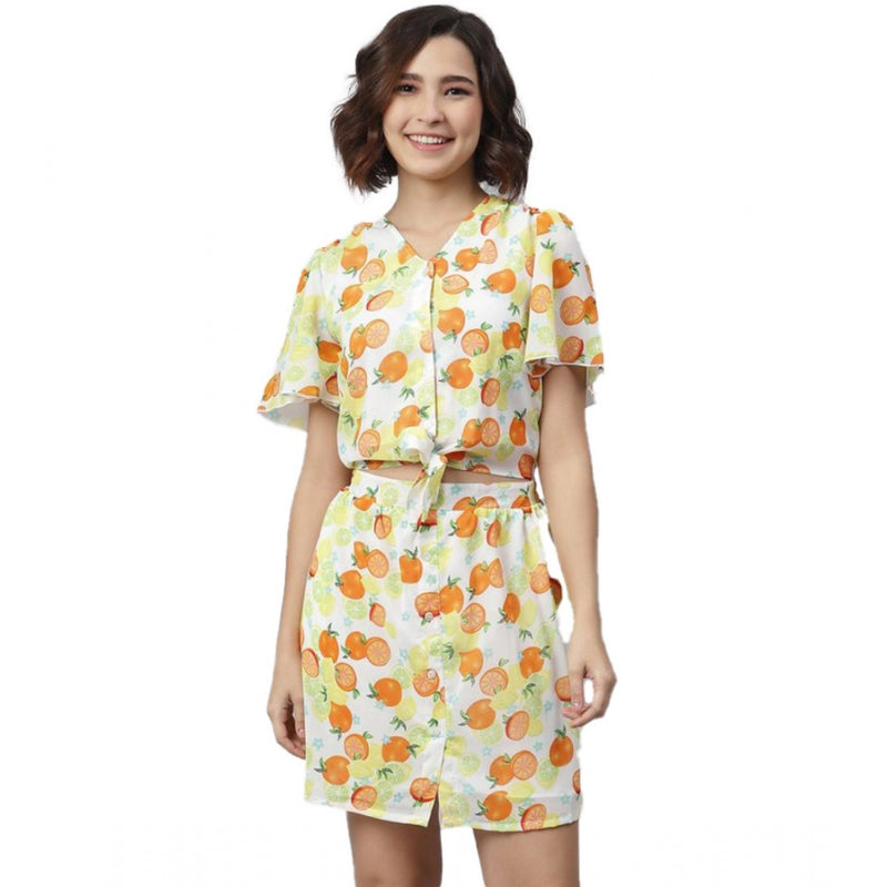 Mayawye Women's Polyester Printed Flutter Above Knee Dress (Orange - Yellow)