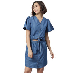Mayawye Women's Denim Solid Flutter Above Knee Dress (Blue)