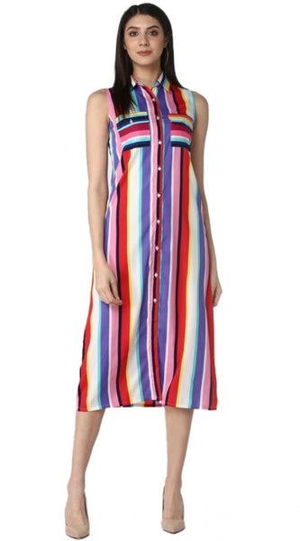 Mayawye Women's Polyester Striped Sleeveless Calf-length Dress (Multicolor)