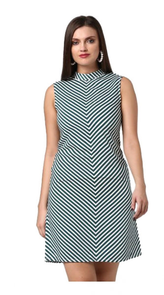 Mayawye Women's Polyester Striped Sleeveless Above Knee Dress (Green)