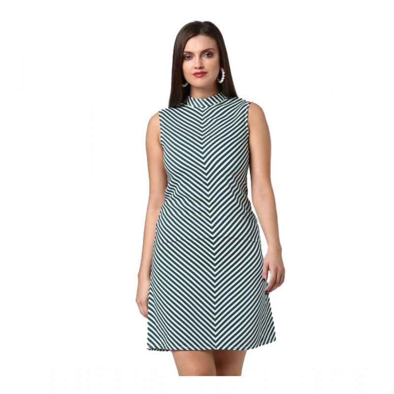 Mayawye Women's Polyester Striped Sleeveless Above Knee Dress (Green)
